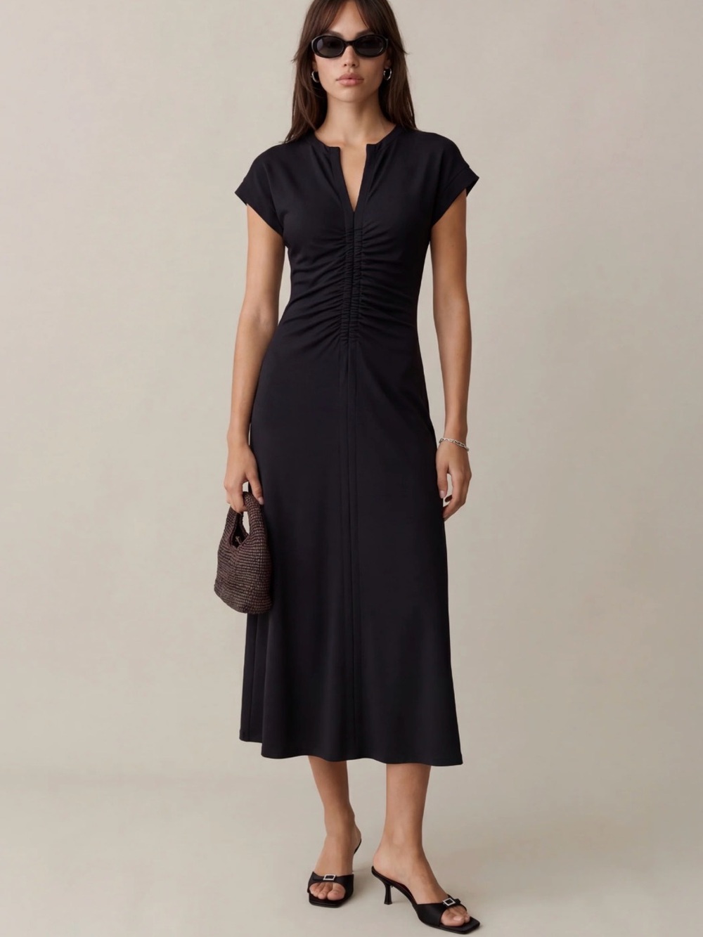 o.p.t. Roxy Ponte Knit Black Ruched Front Midi Dress - Picture 3 of 4